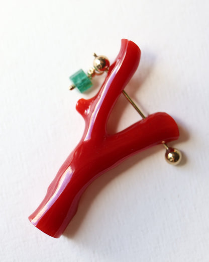 Rock Pierced Earring - Coral / Emerald -