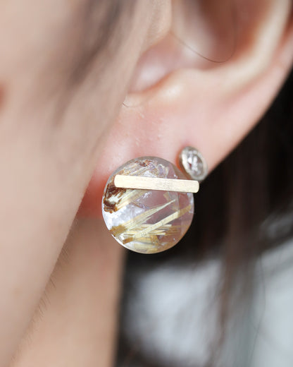 Bar stone pierced earrings - Golden rutilated quartz -