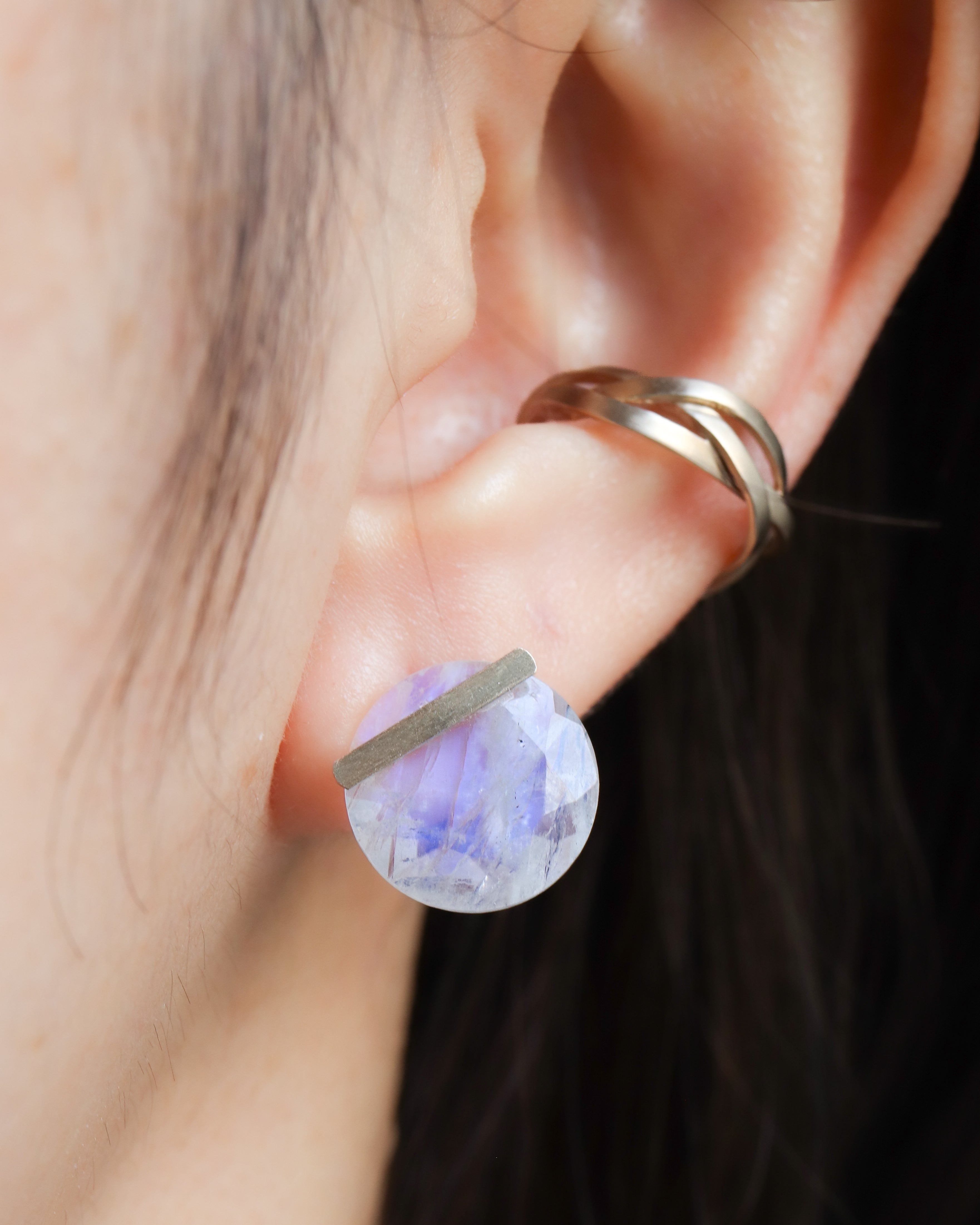 Bar stone Pierced Earring - Rainbow Moon Stone -