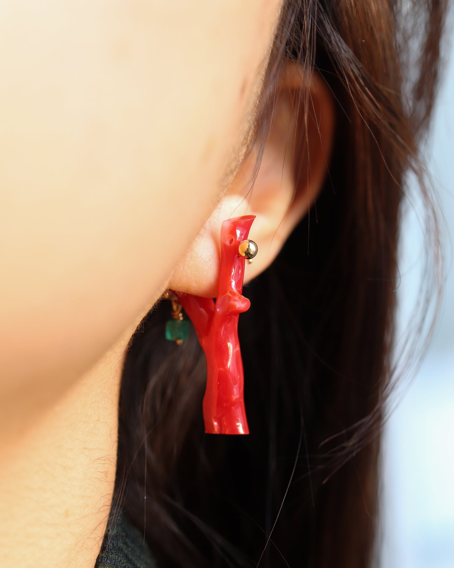 Rock Pierced Earring - Coral / Emerald -