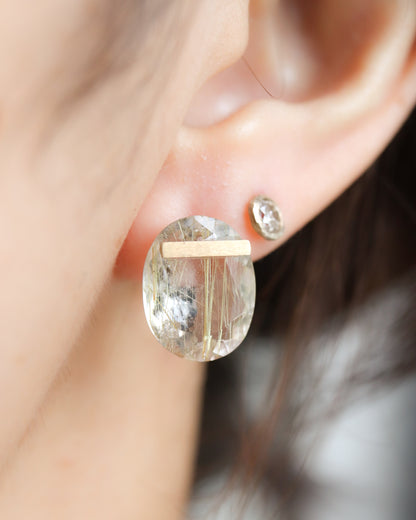 Bar stone pierced earrings - Golden rutilated quartz -