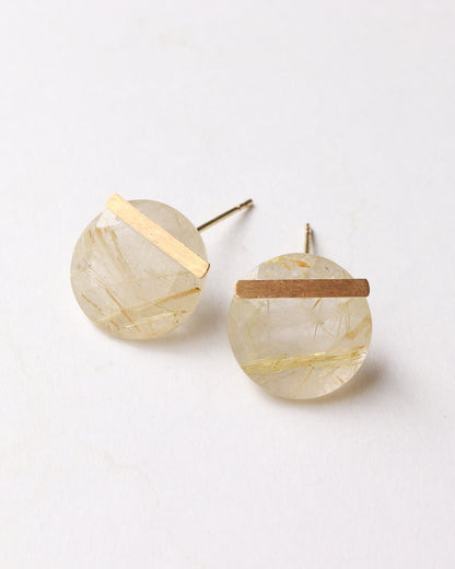 Bar stone pierced earrings - Golden rutilated quartz -