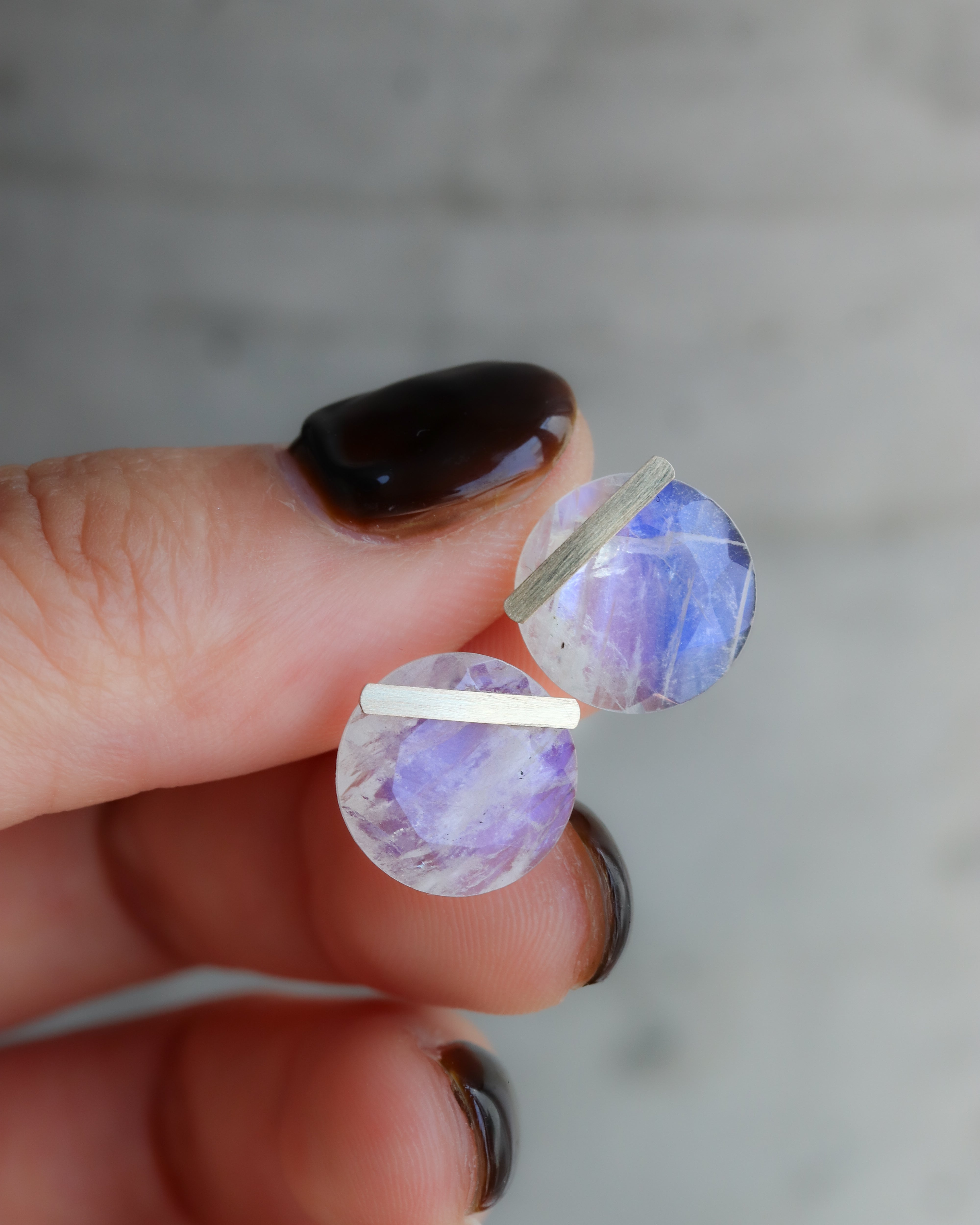 Bar stone Pierced Earring - Rainbow Moon Stone -