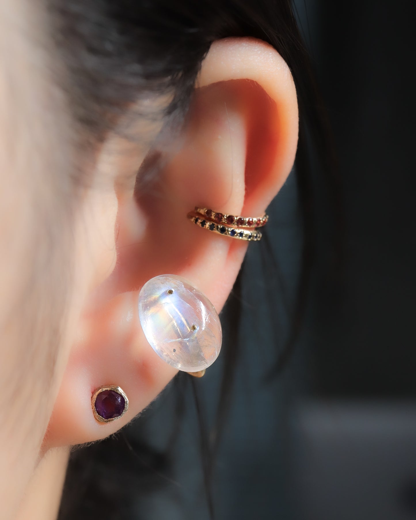 Stone Ear Cuff - Rainbow Moon Stone -