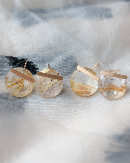 Bar Stone Pierced Earring - Golden Rutilated Quartz -