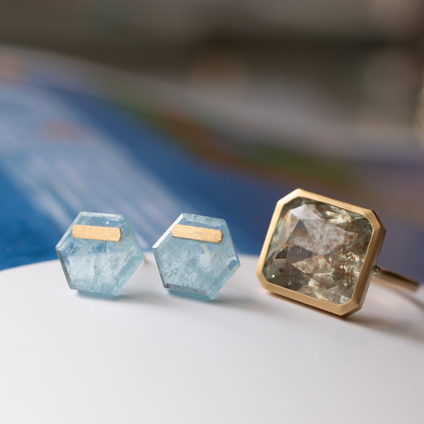 Bar stone etc Pierced Earring - Aquamarine -
