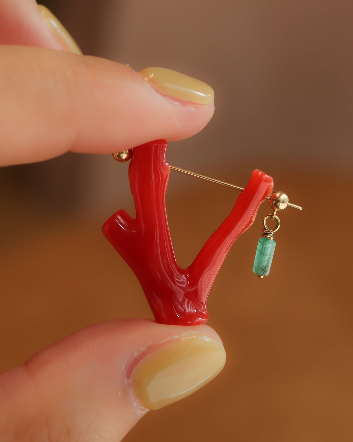 Rock Pierced Earring - Coral / Emerald -
