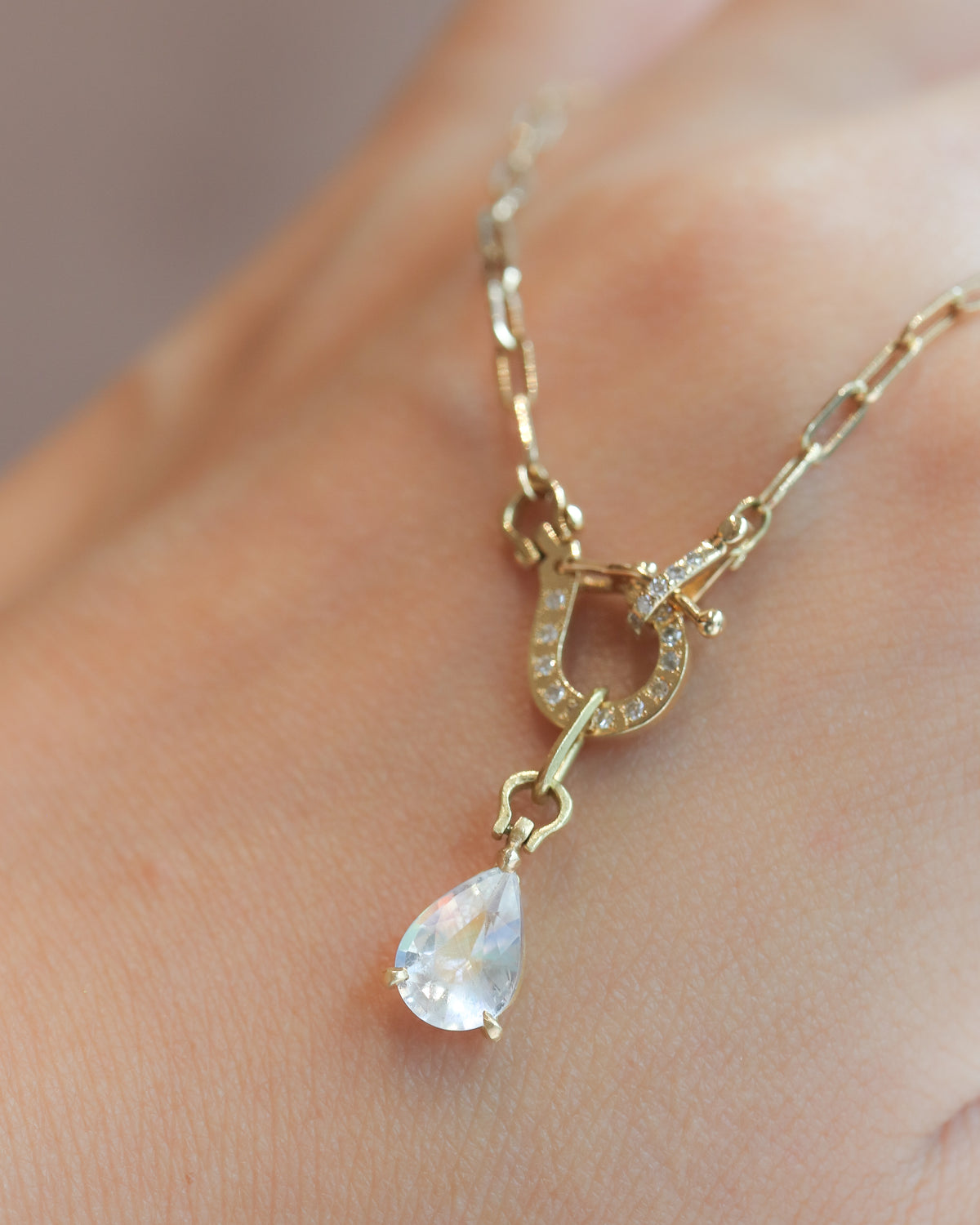 Horse Shoe Prong Necklace - Rainbow Moon Stone -