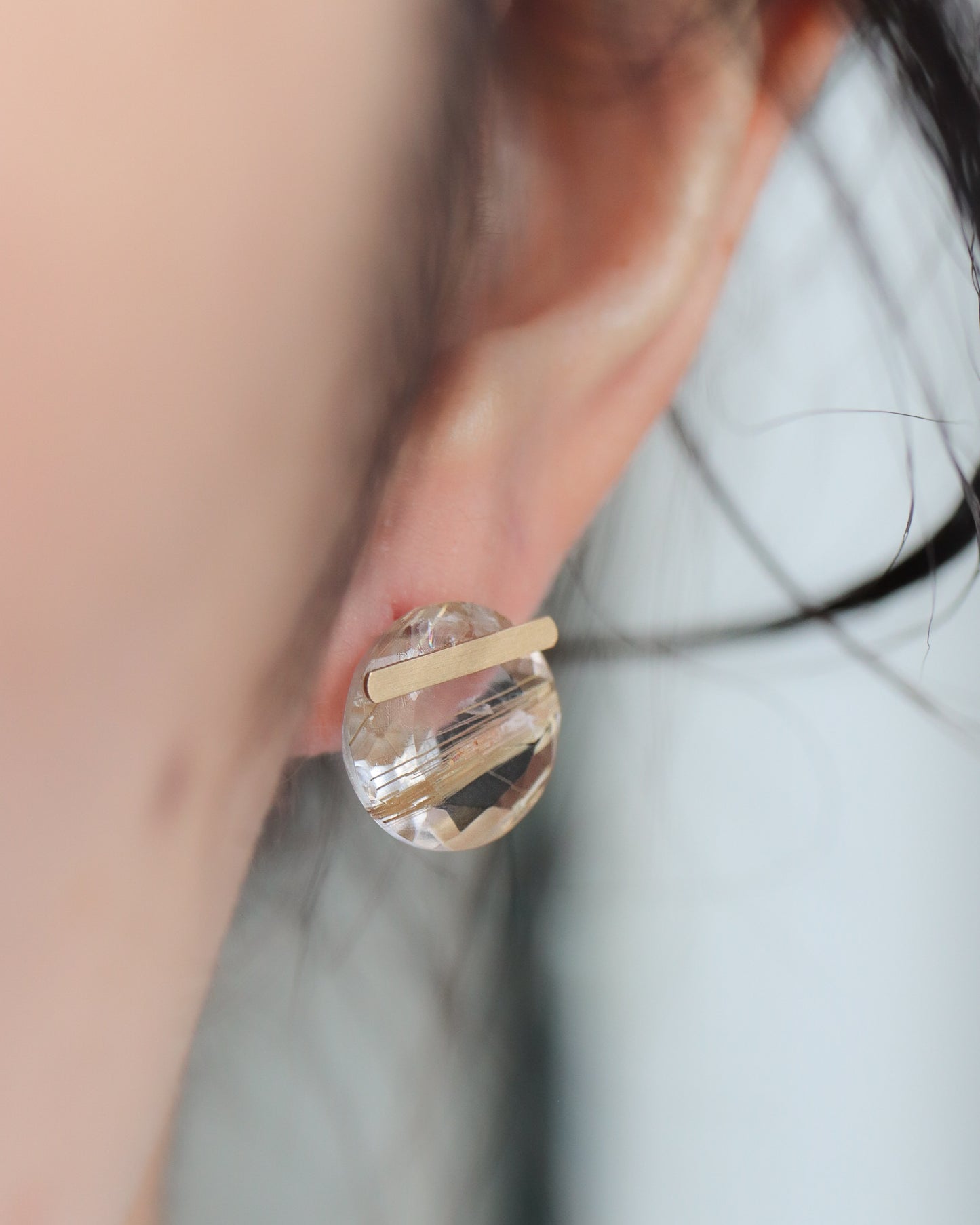 Bar Stone Pierced Earring - Golden Rutilated Quartz -
