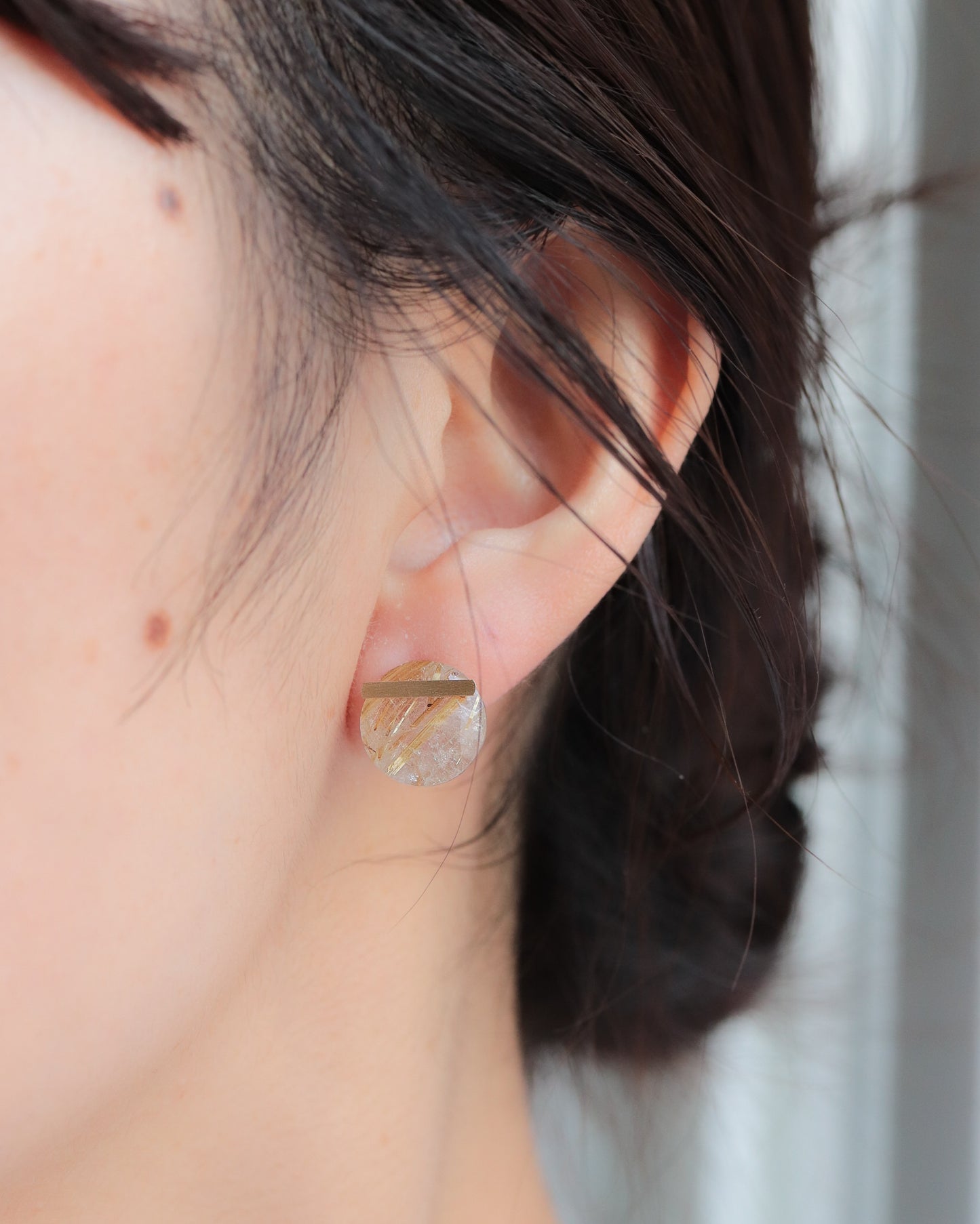 Bar Stone Pierced Earring - Golden Rutilated Quartz -
