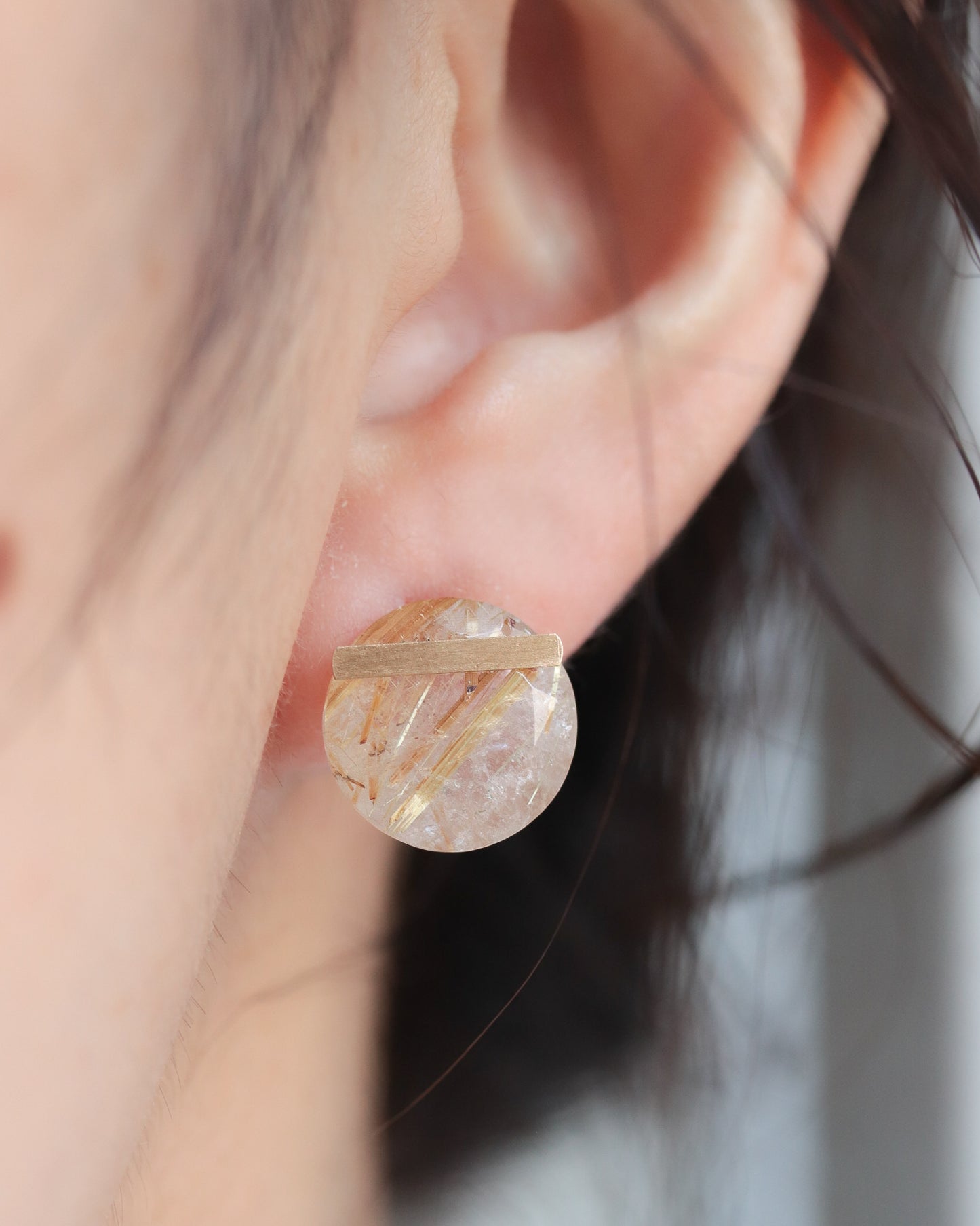 Bar Stone Pierced Earring - Golden Rutilated Quartz -