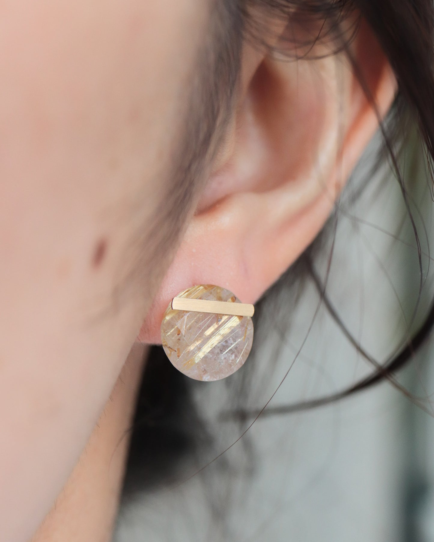 Bar Stone Pierced Earring - Golden Rutilated Quartz -