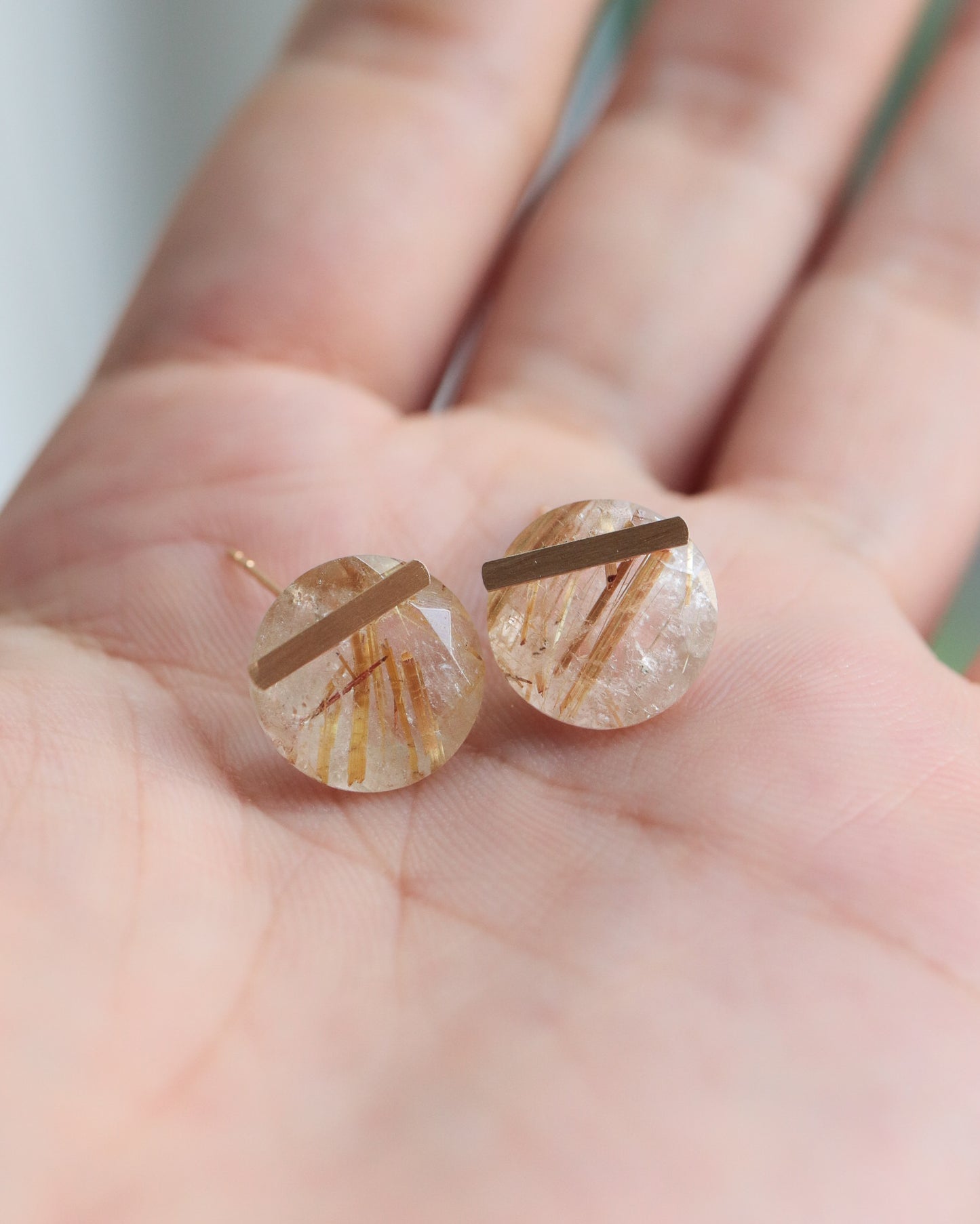 Bar Stone Pierced Earring - Golden Rutilated Quartz -