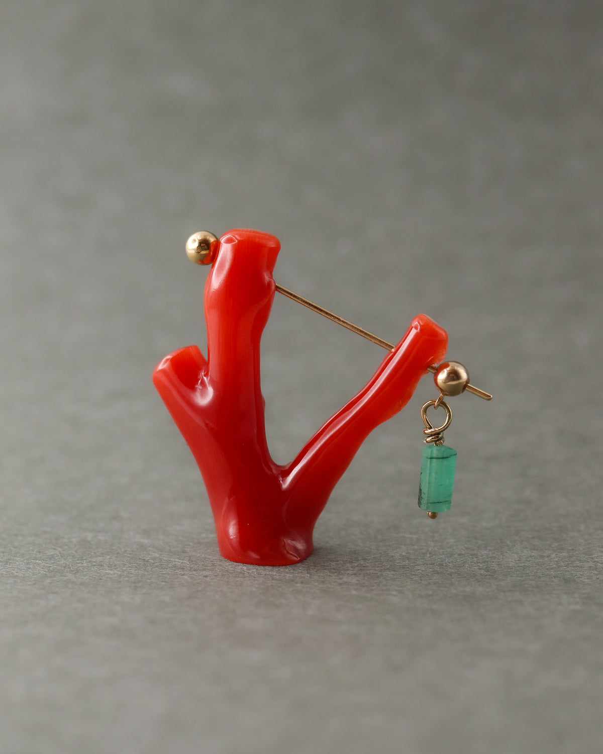 Rock Pierced Earring - Coral / Emerald -