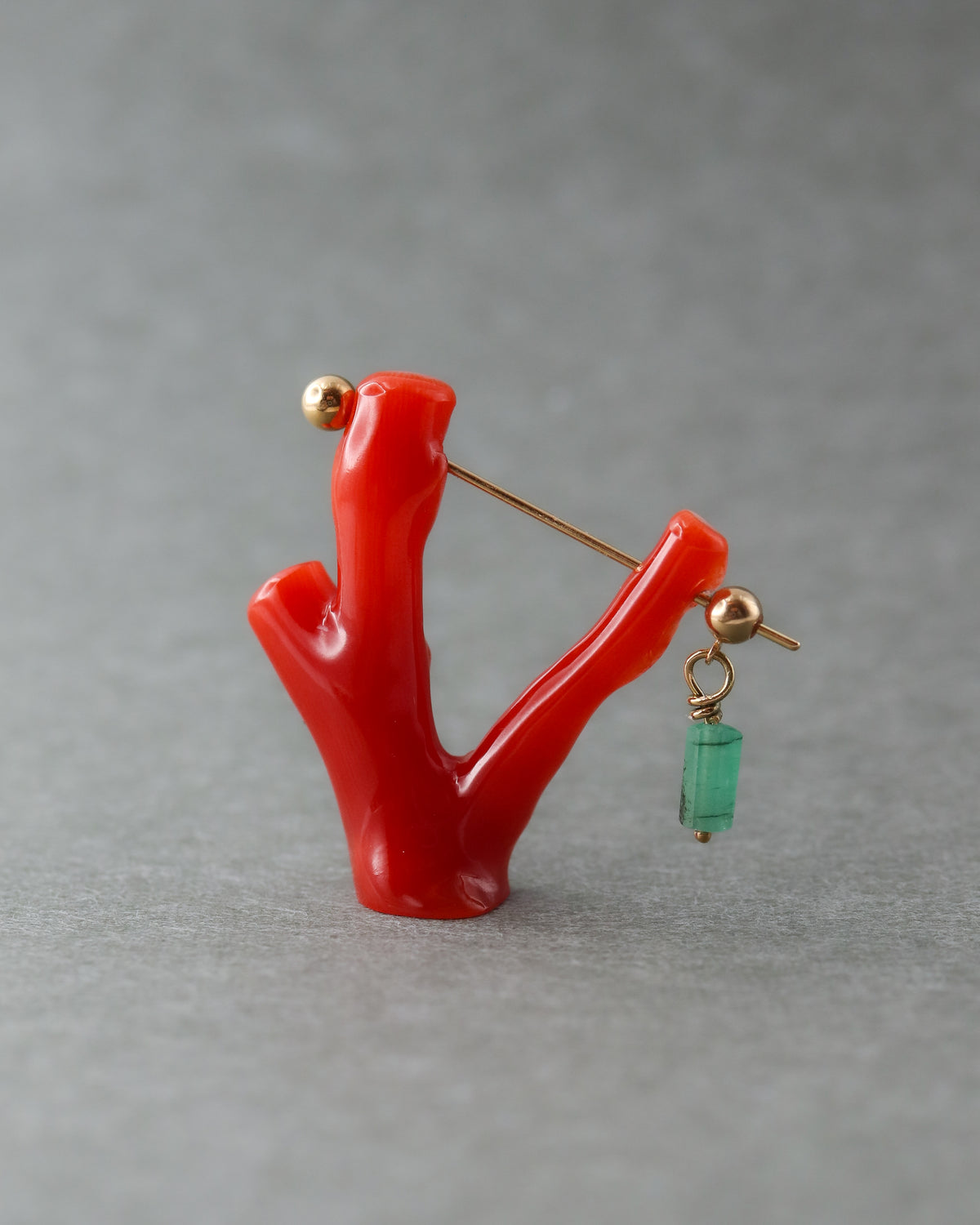 Rock Pierced Earring - Coral / Emerald -