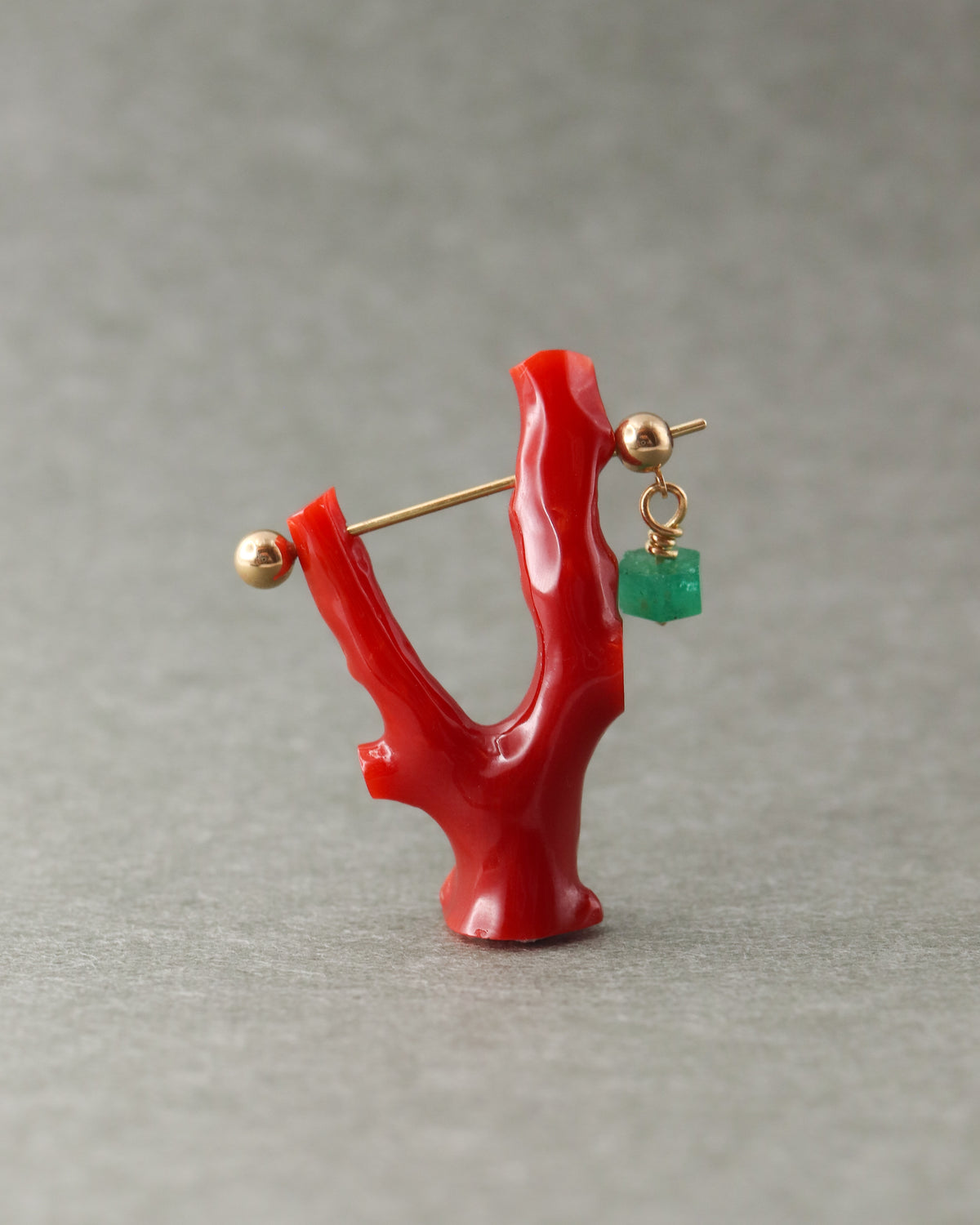 Rock Pierced Earring - Coral / Emerald -
