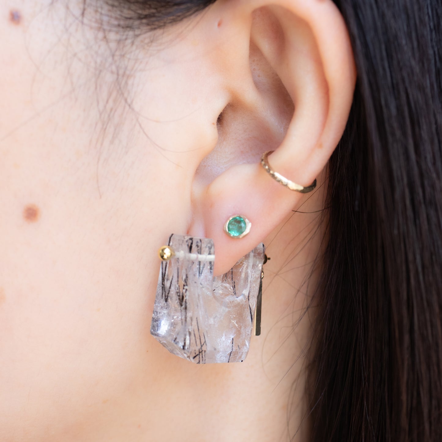 Rock Pierced Earrings - Tourmalinated Quartz -