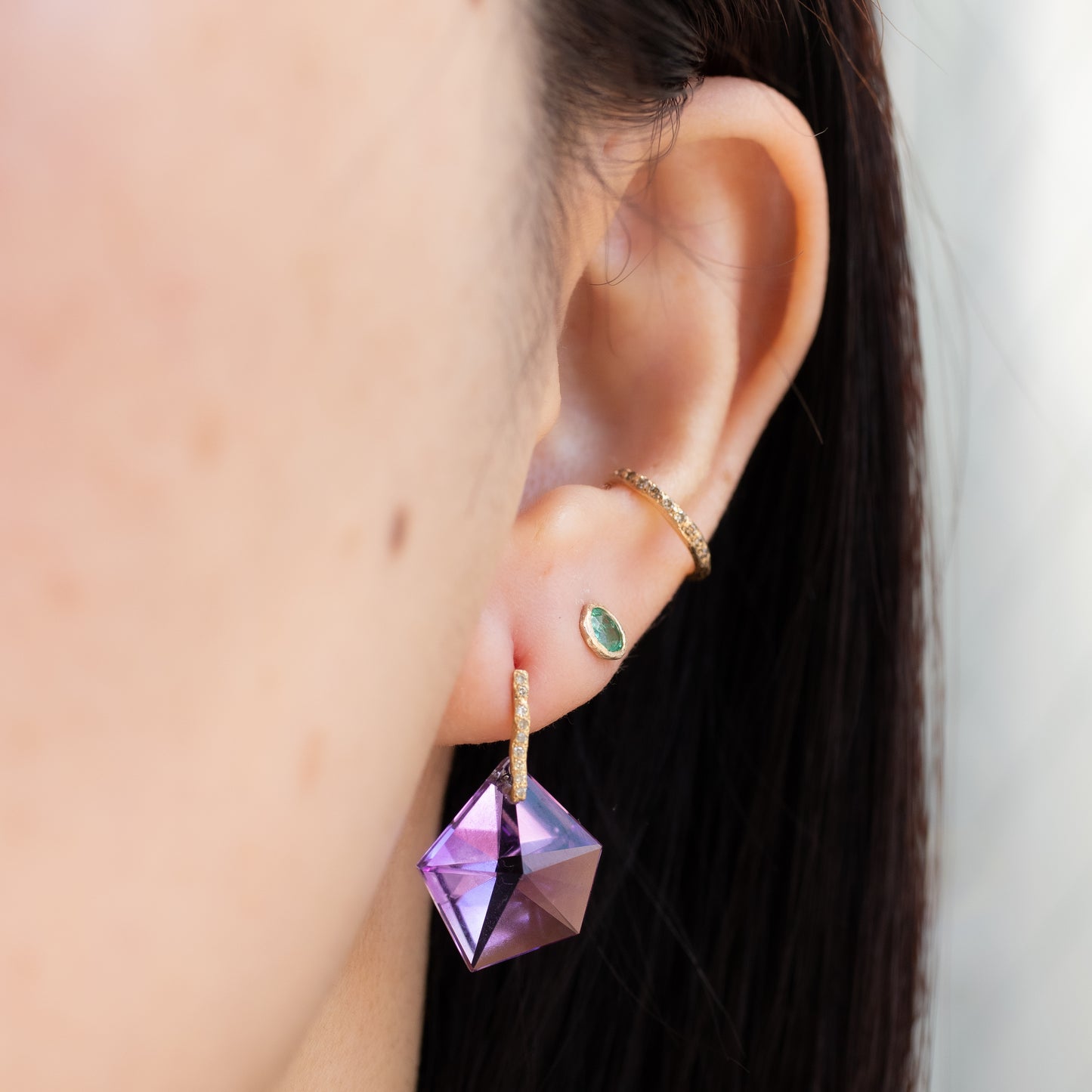 Hibiki 石穿孔耳环 - 紫水晶/钻石 -