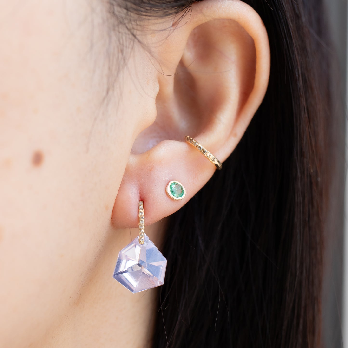 Hibiki Stone Pierced Earrings - Lavender Quartz / Diamond -