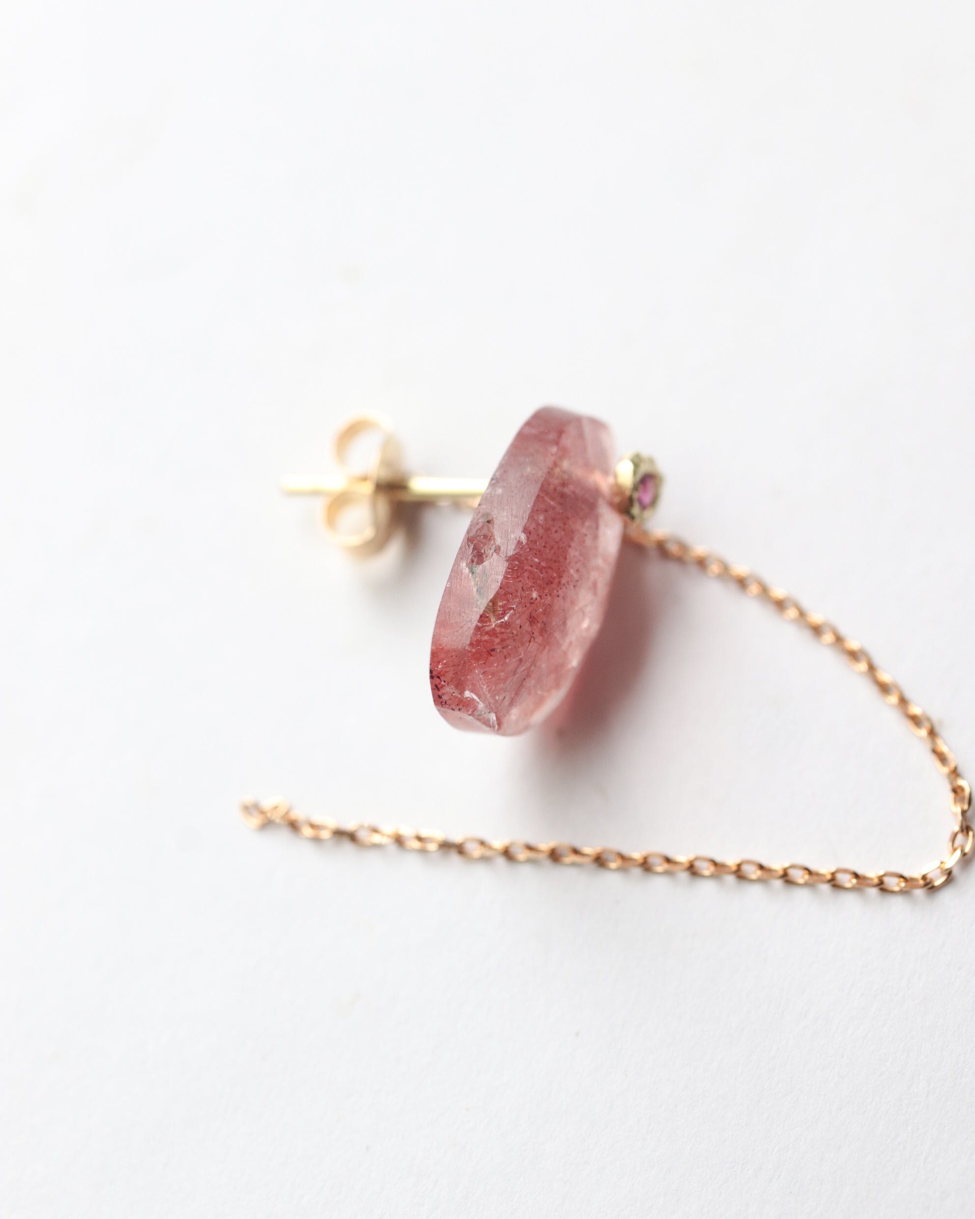 Flat Pierced Earring - Strawberry Quartz -