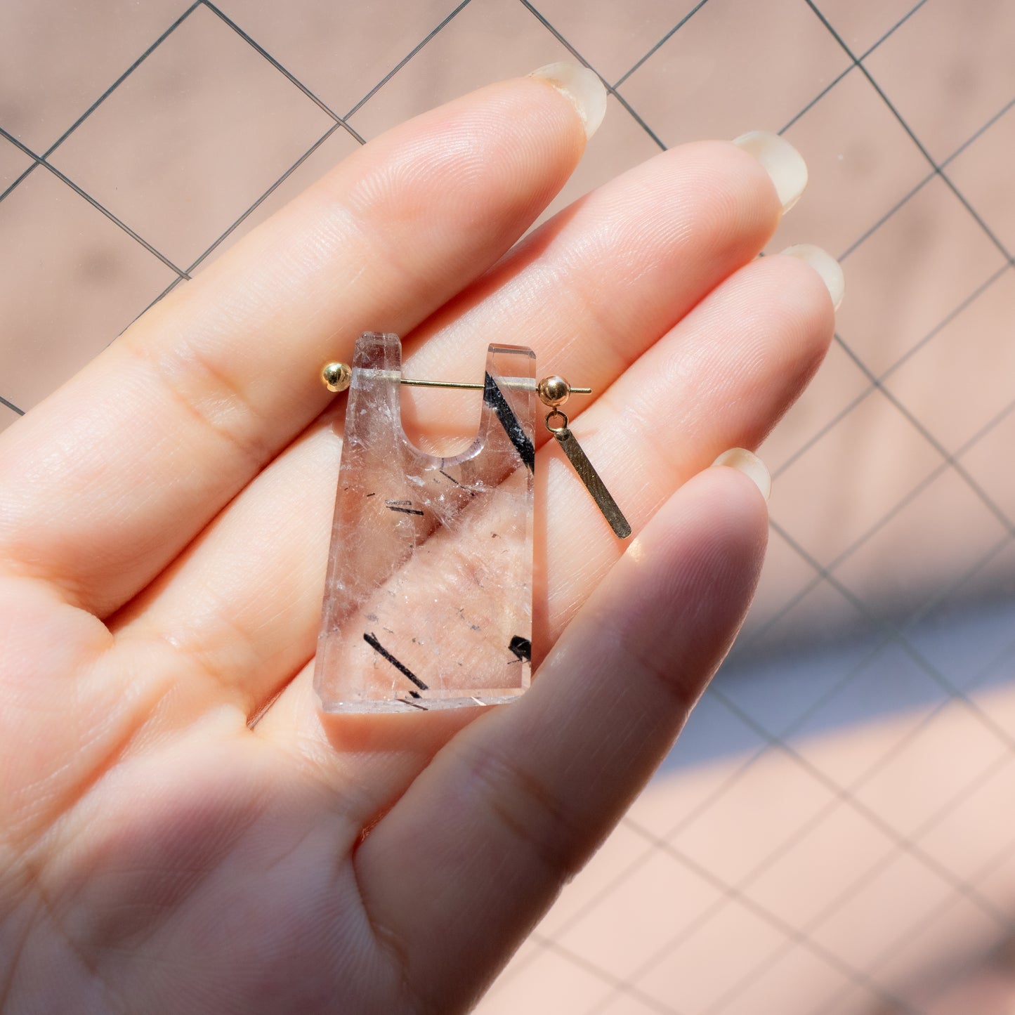 Rock Pierced Earring - Tourmalinated Quartz -