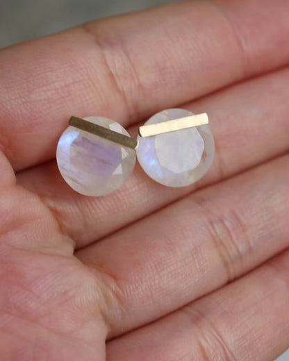 Bar stone Pierced Earrings - Rainbow Moon Stone -