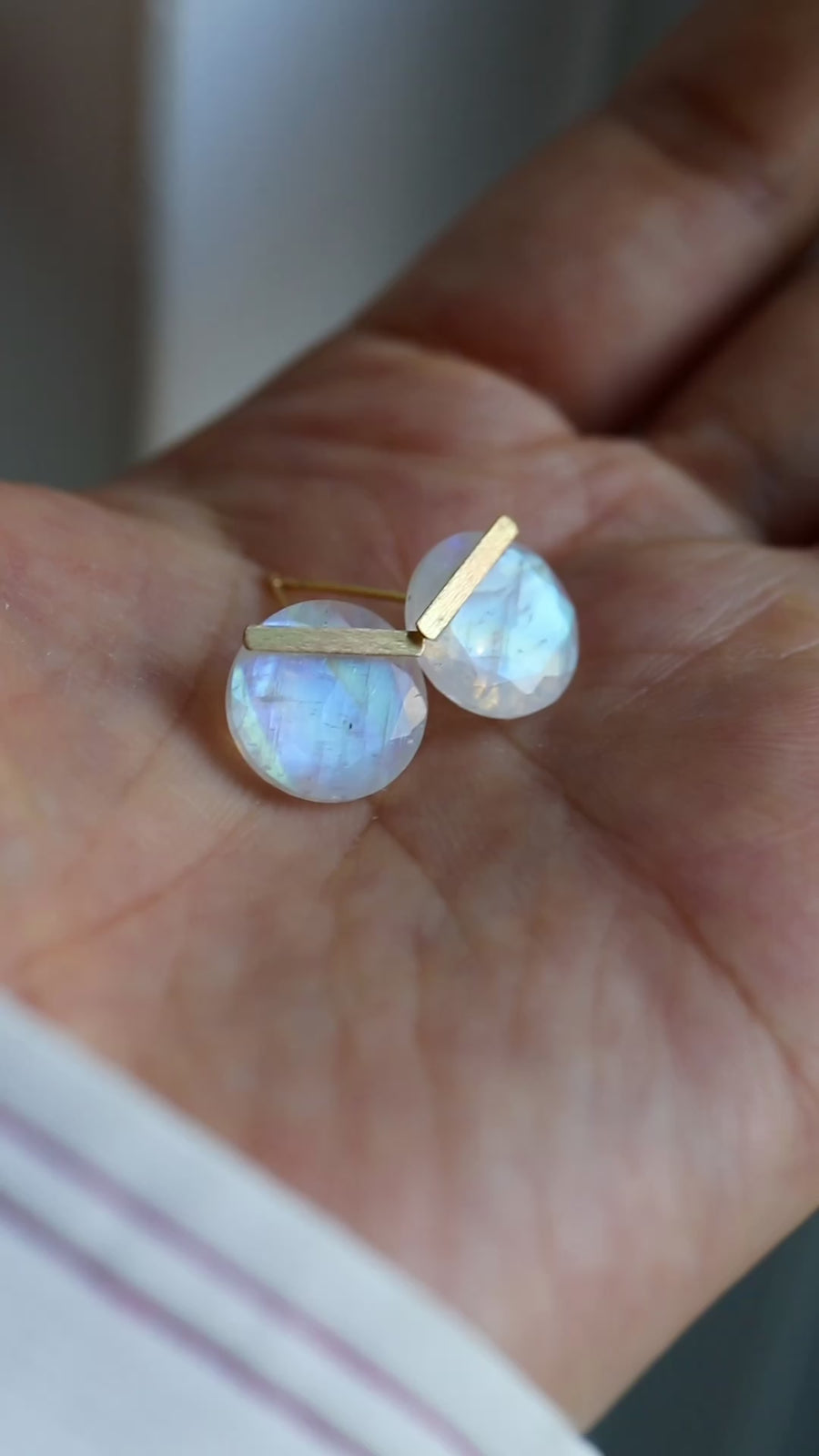 Bar stone Pierced Earring - Rainbow Moon Stone -